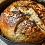 Garlic herb Dutch oven bread with golden crispy crust on cooling rack