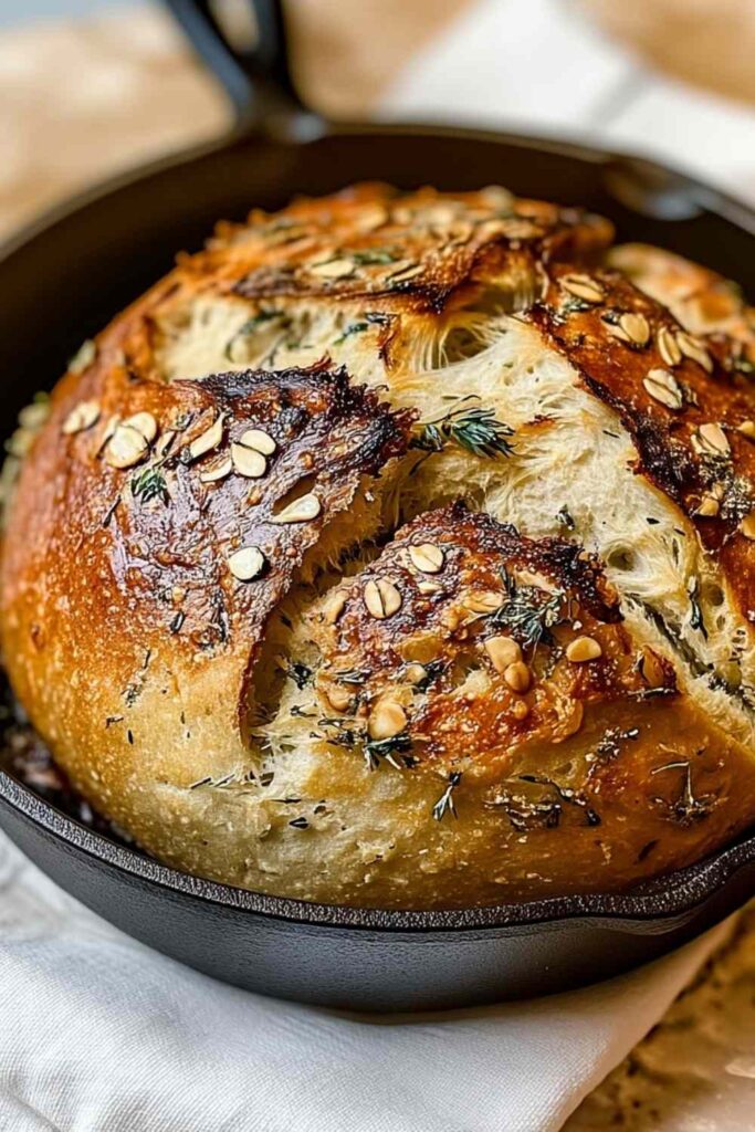 Garlic herb Dutch oven bread with golden crispy crust on cooling rack