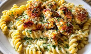 Crispy garlic parmesan chicken bites served over creamy rotini pasta garnished with fresh parsley