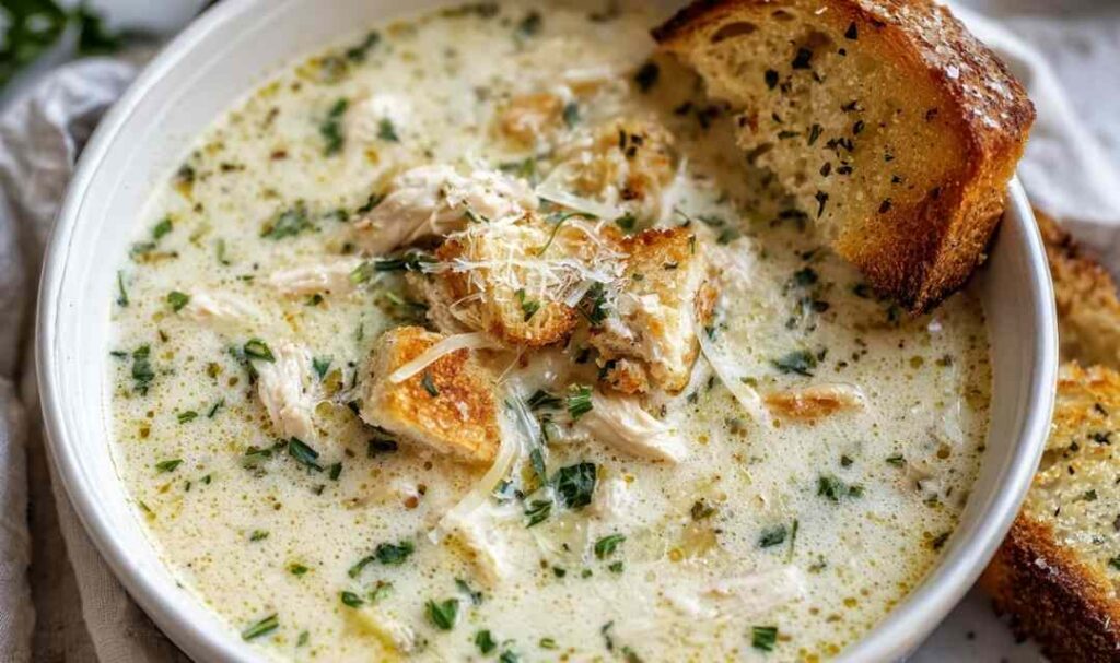 Garlic Parmesan Chicken Soup in white bowl garnished with fresh parsley and grated Parmesan cheese