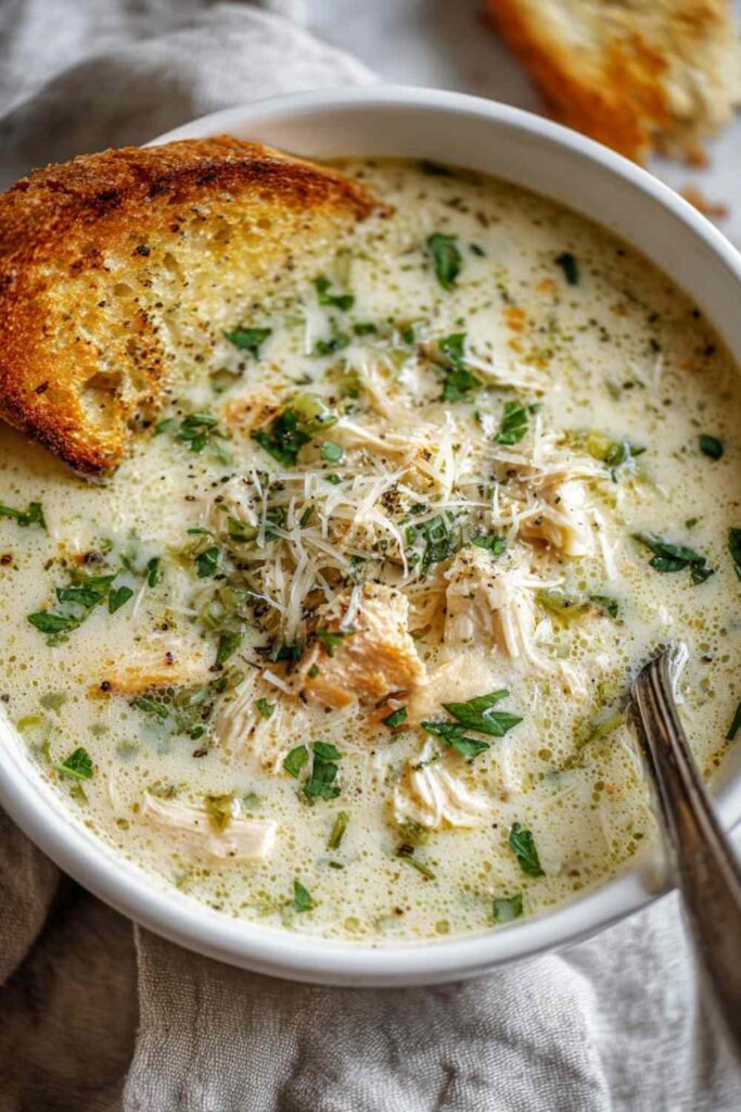 Garlic Parmesan Chicken Soup in white bowl garnished with fresh parsley and grated Parmesan cheese