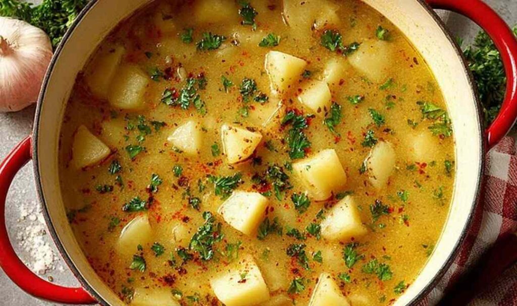 Creamy garlic potato soup in white bowl with fresh parsley garnish and crusty bread