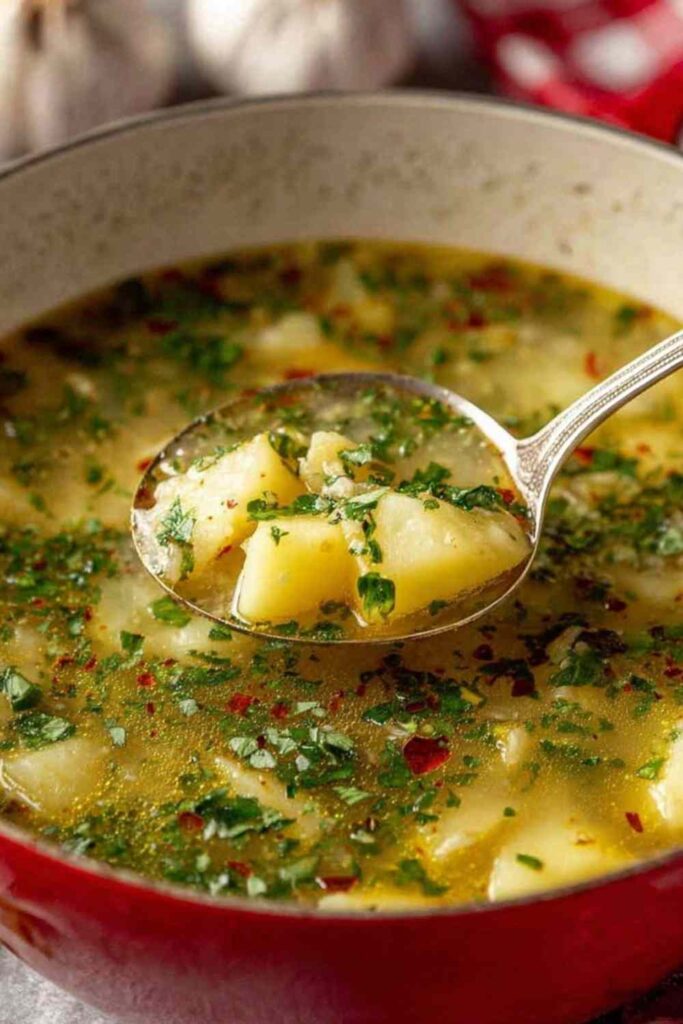 Creamy garlic potato soup in white bowl with fresh parsley garnish and crusty bread