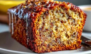 Sliced gingerbread banana bread on wooden cutting board showing moist texture