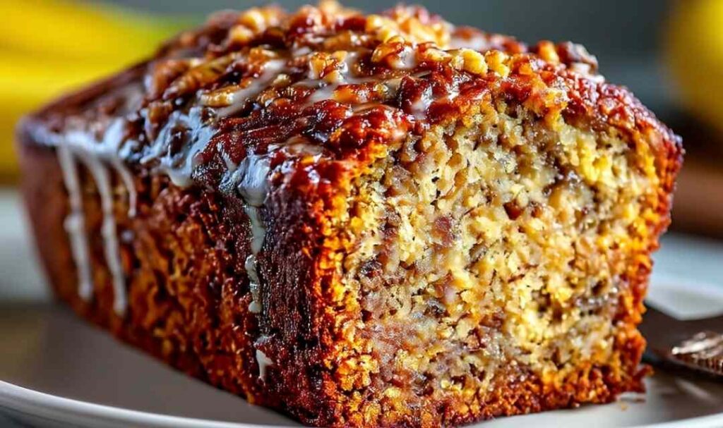 Sliced gingerbread banana bread on wooden cutting board showing moist texture