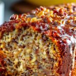 Sliced gingerbread banana bread on wooden cutting board showing moist texture