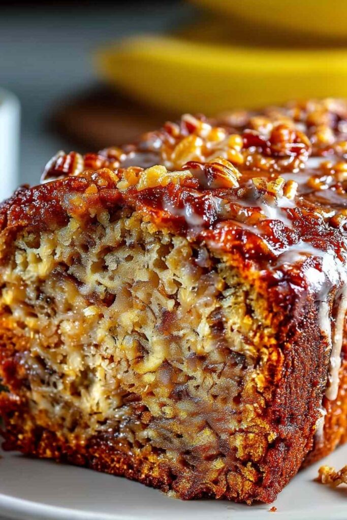 Sliced gingerbread banana bread on wooden cutting board showing moist texture