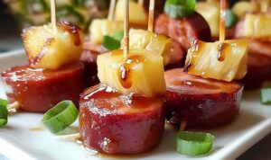 Glazed kielbasa pineapple bites on white serving platter with caramelized brown sugar glaze