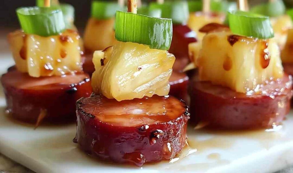 Glazed kielbasa pineapple bites on white serving platter with caramelized brown sugar glaze