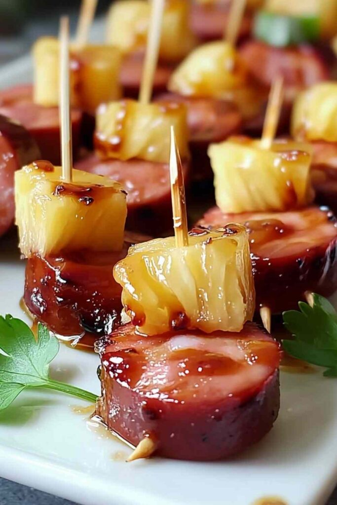 Glazed kielbasa pineapple bites on white serving platter with caramelized brown sugar glaze