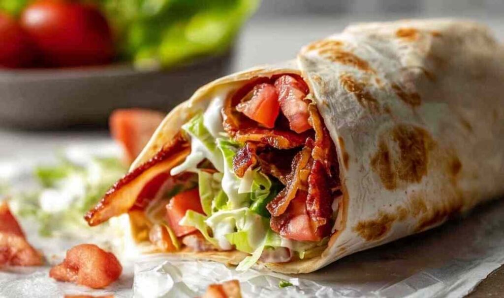 Gourmet BLT Wraps with Secret Sauce 5 Gourmet BLT wraps cut in half showing layers of bacon, lettuce, tomato, and avocado with secret sauce