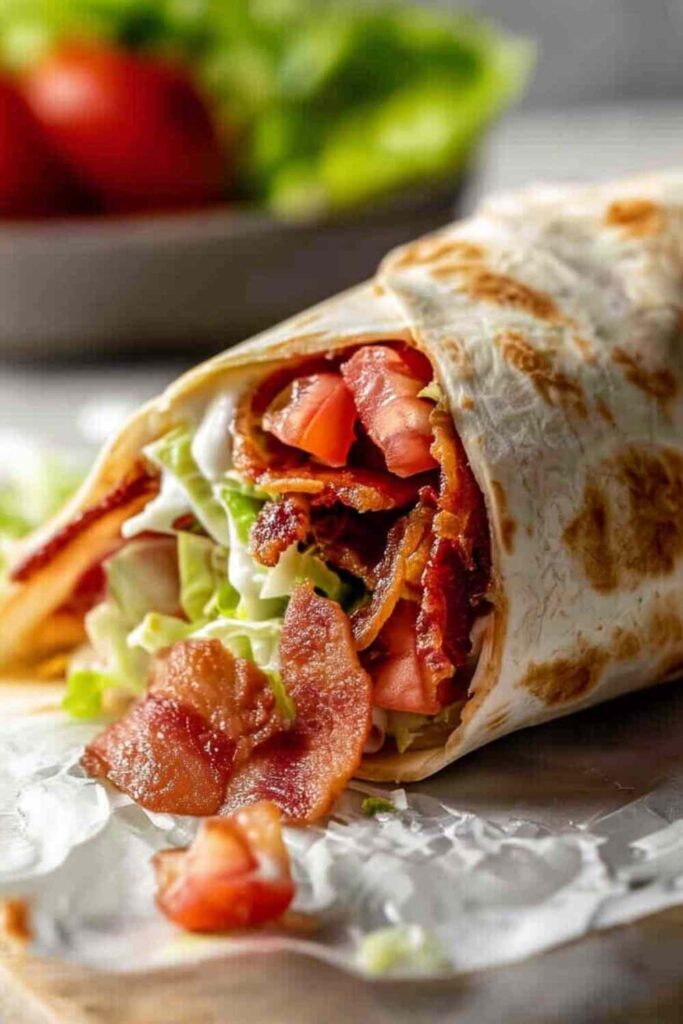 Gourmet BLT Wraps with Secret Sauce 6 Gourmet BLT wraps cut in half showing layers of bacon, lettuce, tomato, and avocado with secret sauce