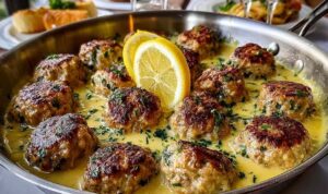 Greek meatballs in lemon sauce served over rice in white bowl with fresh herbs