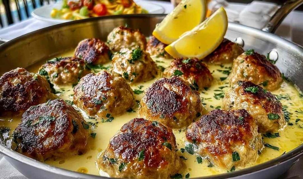 Greek meatballs in lemon sauce served over rice in white bowl with fresh herbs