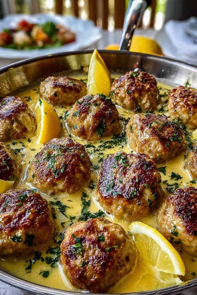 Greek meatballs in lemon sauce served over rice in white bowl with fresh herbs