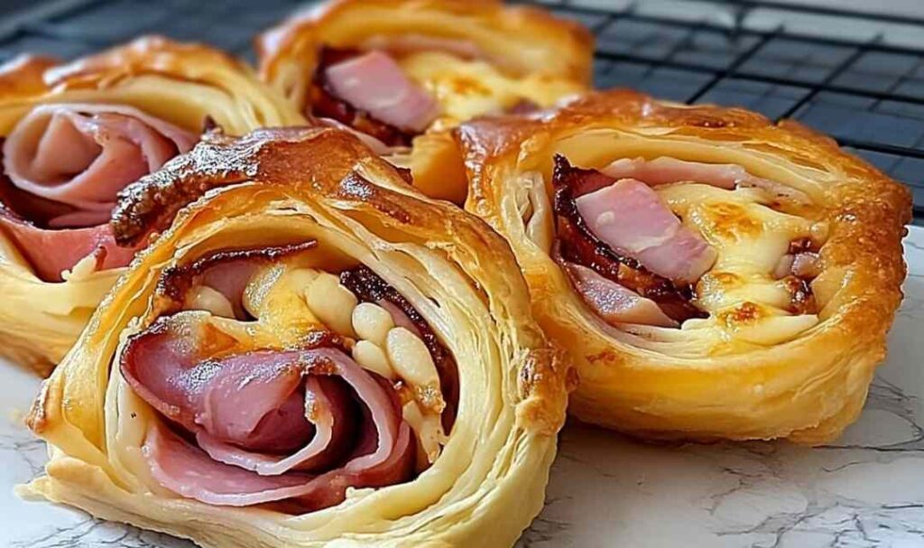 Golden Ham and Cheese Puff Pastry Pinwheels arranged on white serving platter showing flaky layers and melted cheese