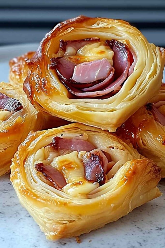 Golden Ham and Cheese Puff Pastry Pinwheels arranged on white serving platter showing flaky layers and melted cheese