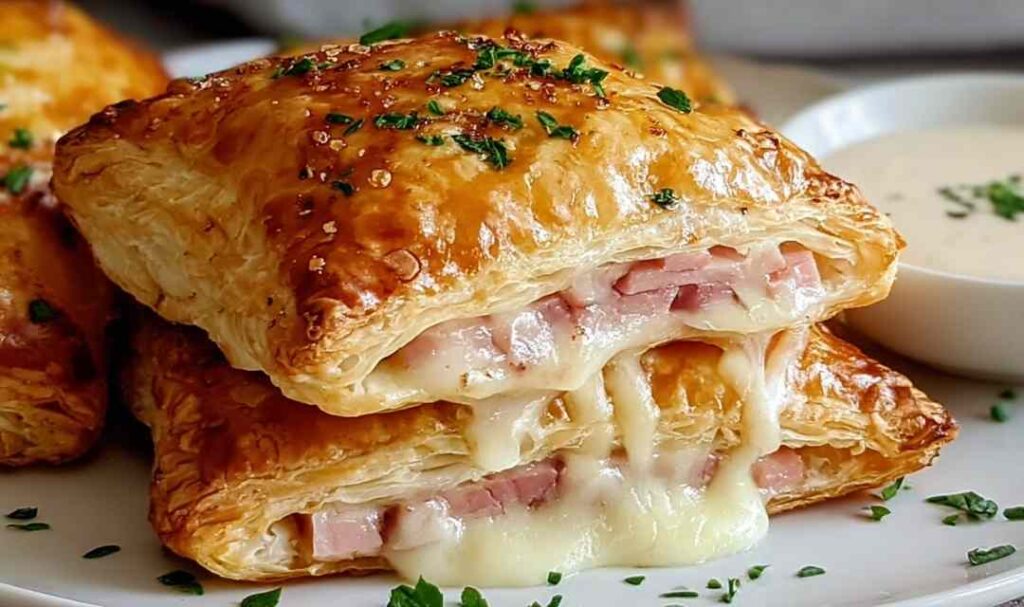 Golden Ham and Cheese Puff Pastry Pockets on white plate with melted cheese