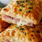 Golden Ham and Cheese Puff Pastry Pockets on white plate with melted cheese