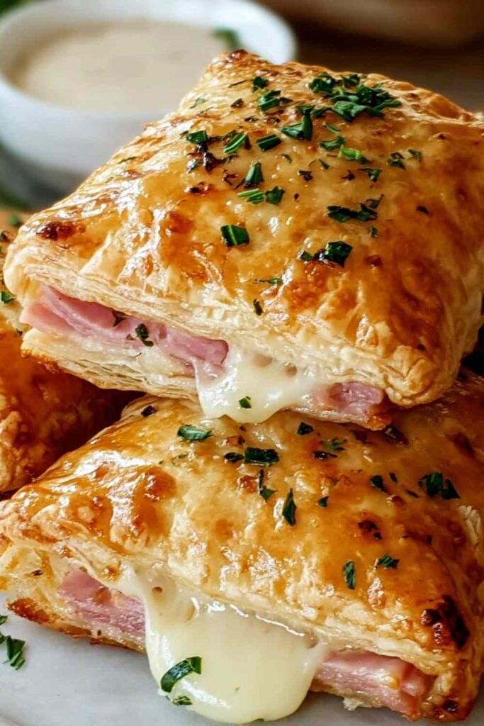 Golden Ham and Cheese Puff Pastry Pockets on white plate with melted cheese