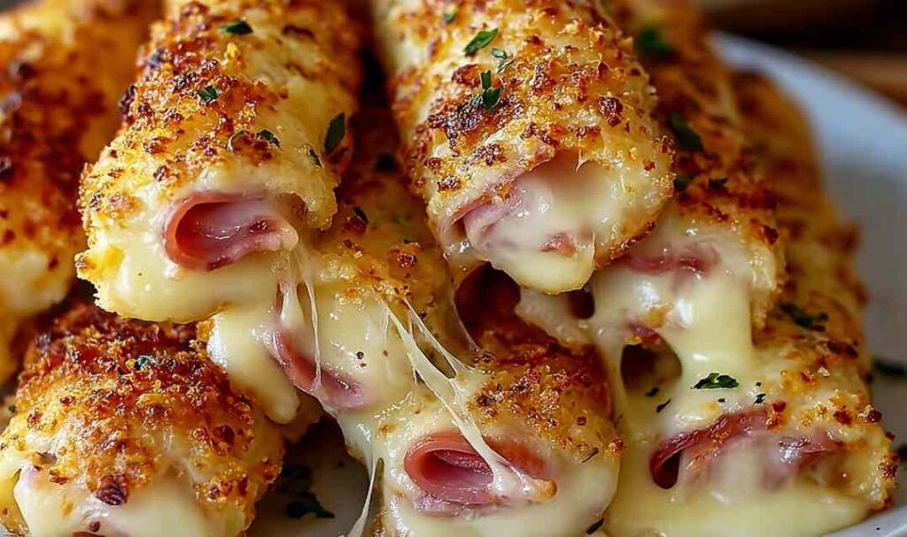 Golden brown ham and cheese sticks arranged on white plate with honey mustard dipping sauce