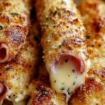 Golden brown ham and cheese sticks arranged on white plate with honey mustard dipping sauce