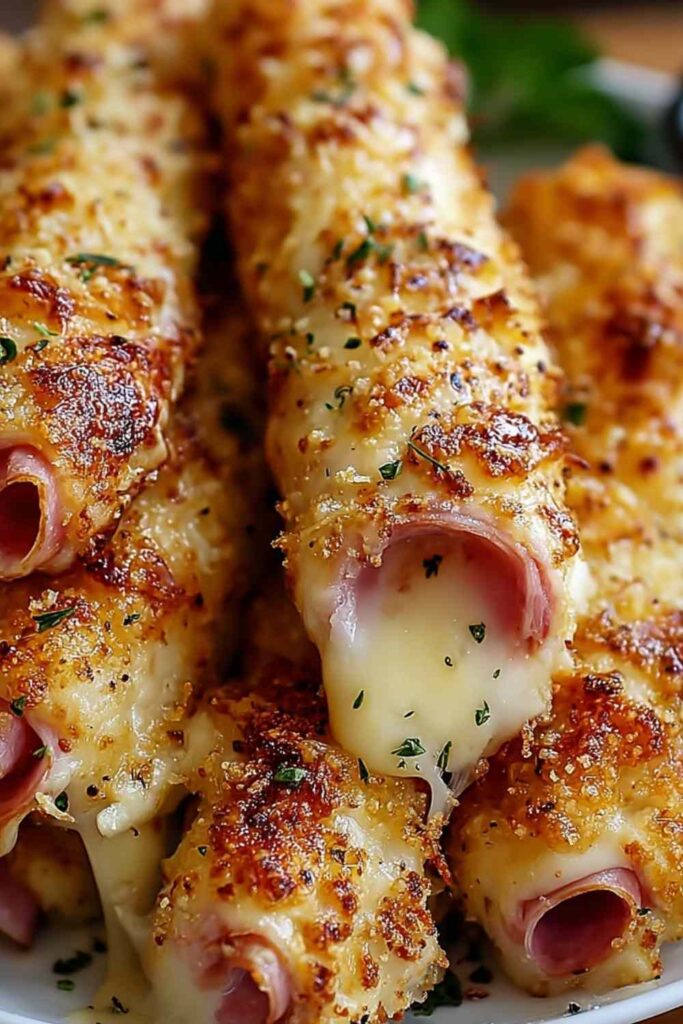 Golden brown ham and cheese sticks arranged on white plate with honey mustard dipping sauce