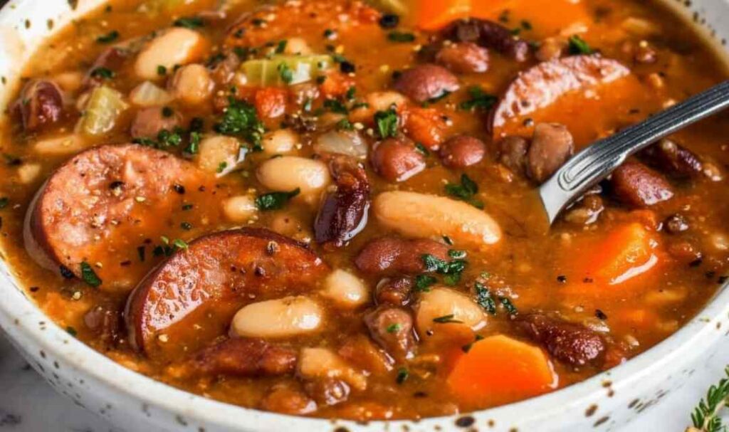 Hearty bean soup with smoked sausage in white bowl with crusty bread