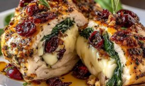 Cranberry spinach stuffed chicken with brie on white plate showing melted cheese filling