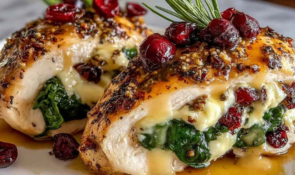 Cranberry spinach stuffed chicken with brie on white plate showing melted cheese filling