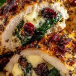 Cranberry spinach stuffed chicken with brie on white plate showing melted cheese filling