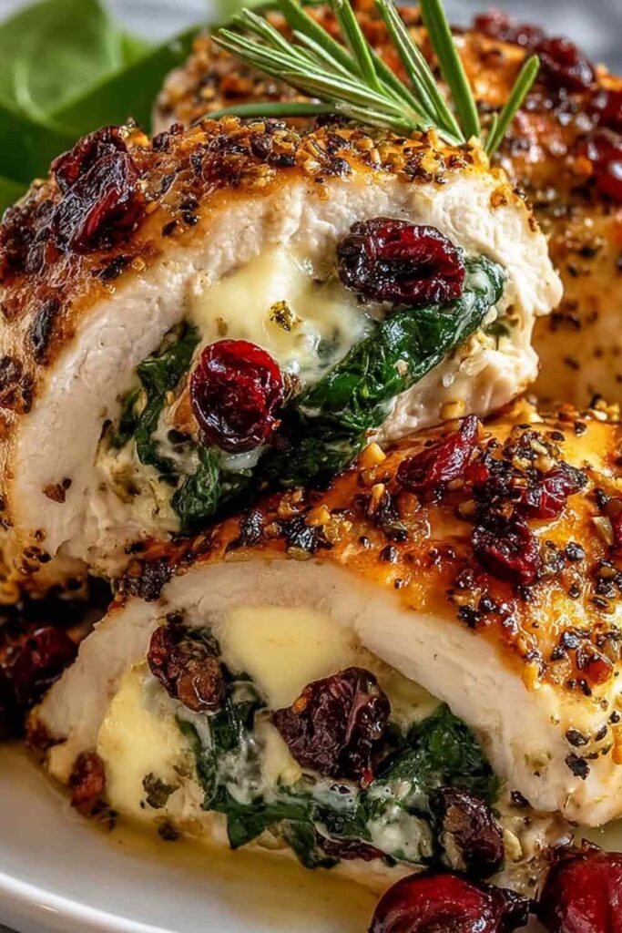 Cranberry spinach stuffed chicken with brie on white plate showing melted cheese filling