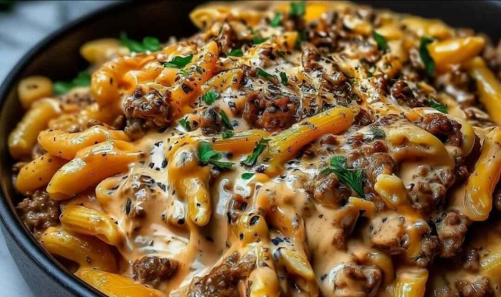 High protein creamy beef pasta in a skillet with parmesan cheese garnish