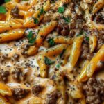 High protein creamy beef pasta in a skillet with parmesan cheese garnish