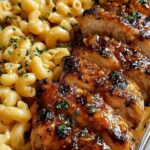 High protein honey garlic butter chicken with mac and cheese on a white plate