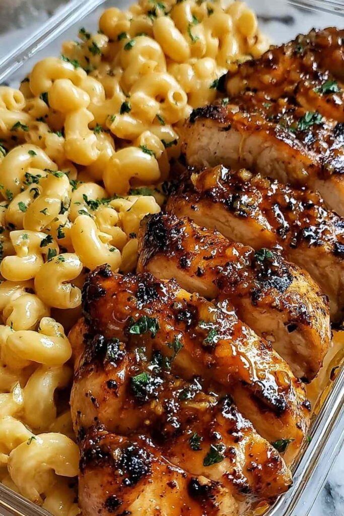 High protein honey garlic butter chicken with mac and cheese on a white plate