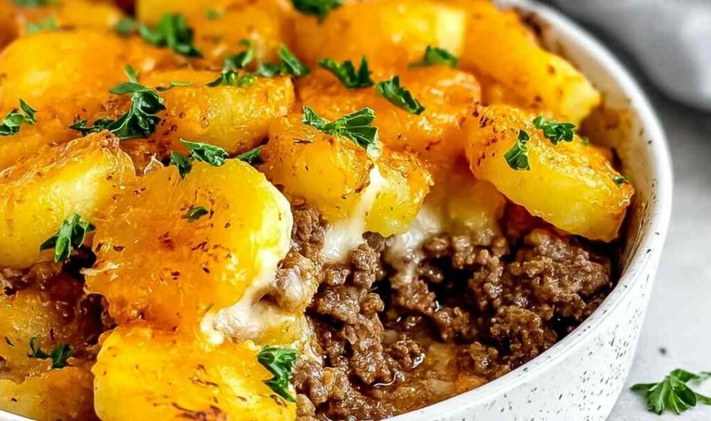 Hobo casserole ground beef in baking dish with melted cheese topping