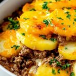 Hobo casserole ground beef in baking dish with melted cheese topping