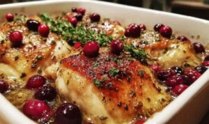 Holiday Cranberry Chicken Bake in white baking dish with glossy cranberry sauce and fresh rosemary garnish