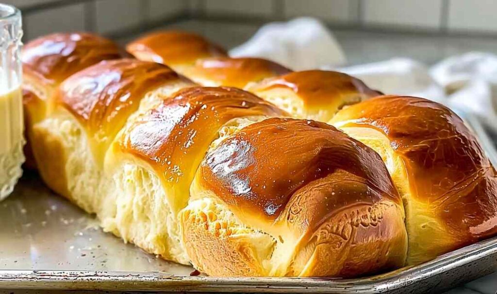 Golden brown milk brioche loaf fresh from the oven on cooling rack