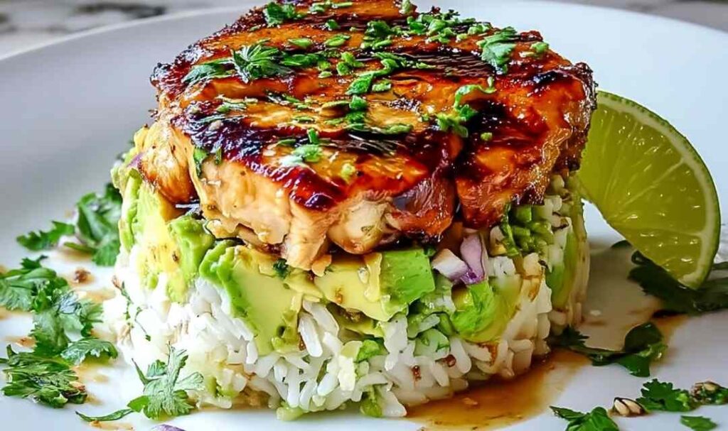 Honey Lime Chicken Avocado Rice Stack on white plate with lime wedges and cilantro garnish