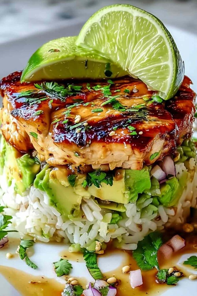 Honey Lime Chicken Avocado Rice Stack on white plate with lime wedges and cilantro garnish