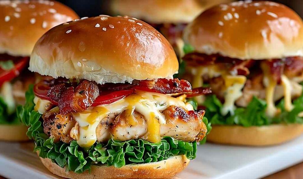 Honey mustard chicken sliders on white plate with shredded lettuce and Swiss cheese