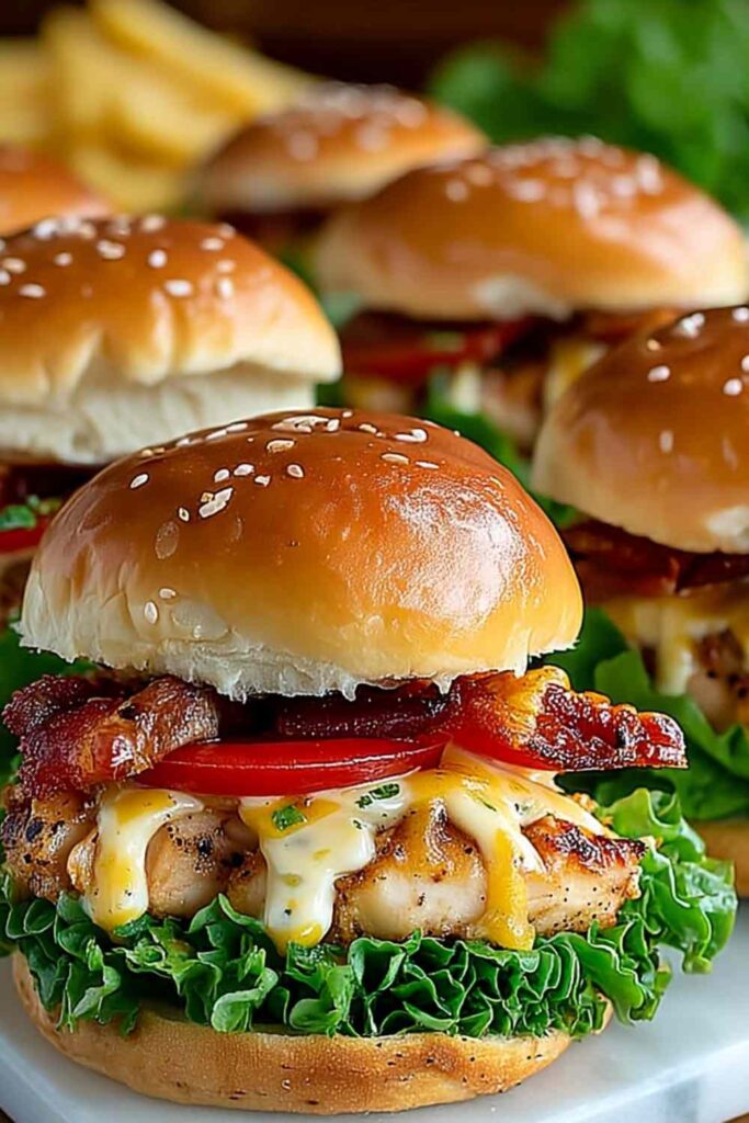 Honey mustard chicken sliders on white plate with shredded lettuce and Swiss cheese
