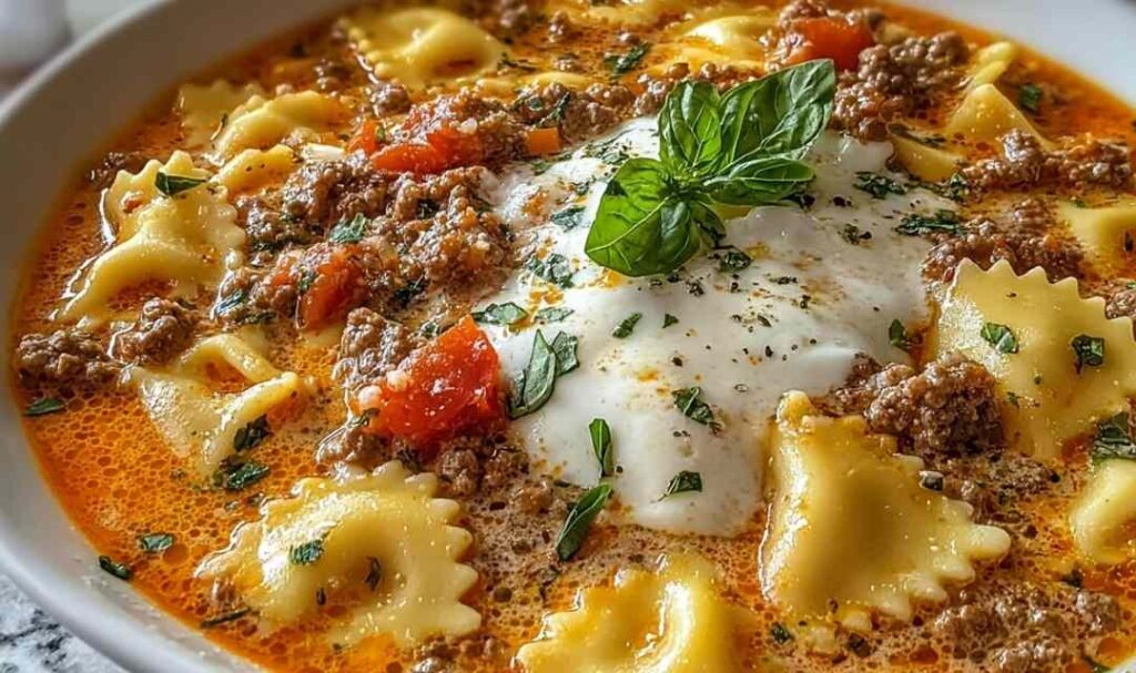 Bowl of Italian lasagna soup with melted mozzarella cheese and fresh basil garnish