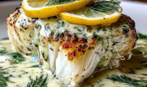 Lemon dill baked cod on white plate with creamy sauce and lemon slices