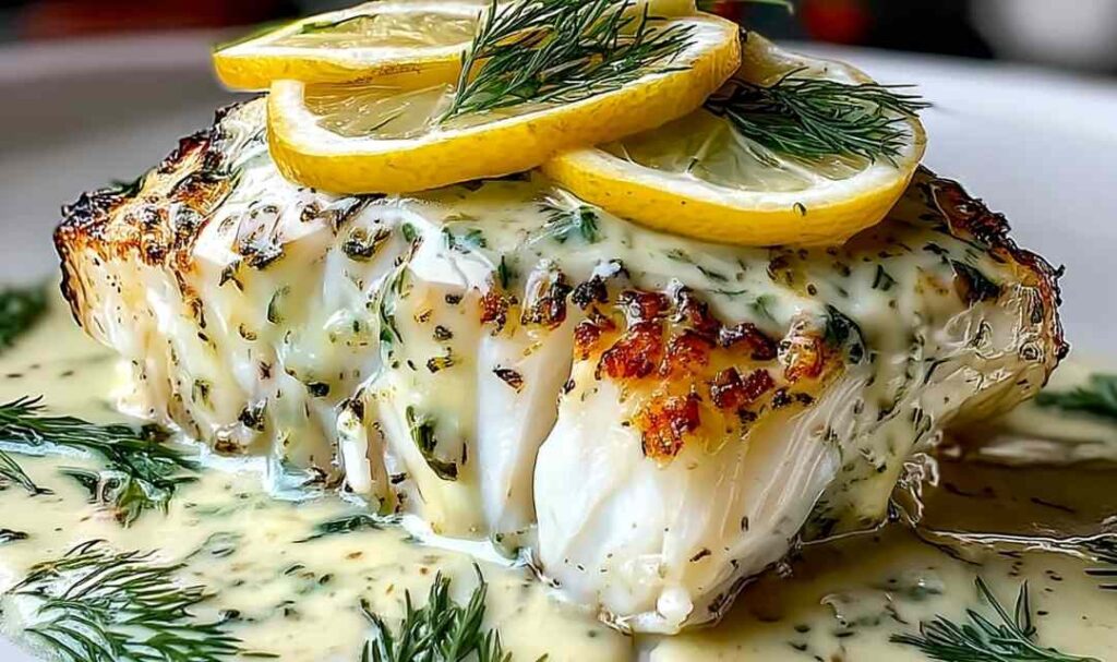 Lemon dill baked cod on white plate with creamy sauce and lemon slices