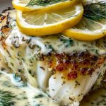 Lemon dill baked cod on white plate with creamy sauce and lemon slices