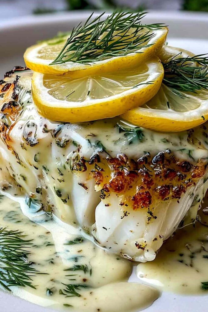 Lemon dill baked cod on white plate with creamy sauce and lemon slices