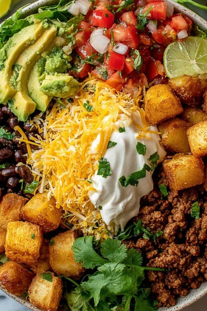 Loaded potato taco bowl with crispy roasted potatoes topped with seasoned ground beef cheese sour cream and fresh vegetables